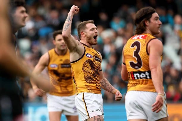 Blake Hardwick celebrates one of five goals - Photo by James Elsby via AFL Photos