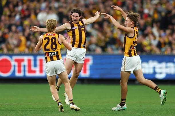 Jai Newcombe loves slotting a goal celebrated with Frenchie and Dear - Photo Graham Denholm via Getty Images