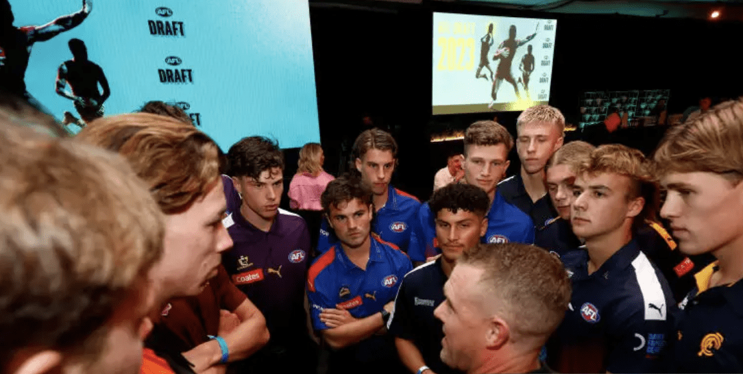 Tarkyn Lockyer, National AFL Academy Manager and Coach speaks to the 2023 AFL Draftees. Photo by Michael Willson | AFL Photos.