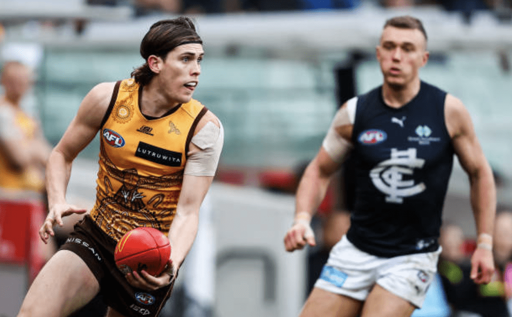 Will Day of the Hawks in action during the 2023 AFL Round 16 match between the Hawthorn Hawks and the Carlton Blues at the Melbourne Cricket Ground on July 2, 2023 in Melbourne, Australia. (Photo by Dylan Burns/AFL Photos via Getty Images